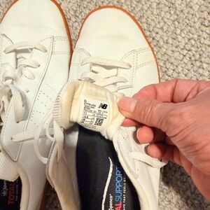 New Balance Men's White Leather Sneakers with Gum Sole Accents